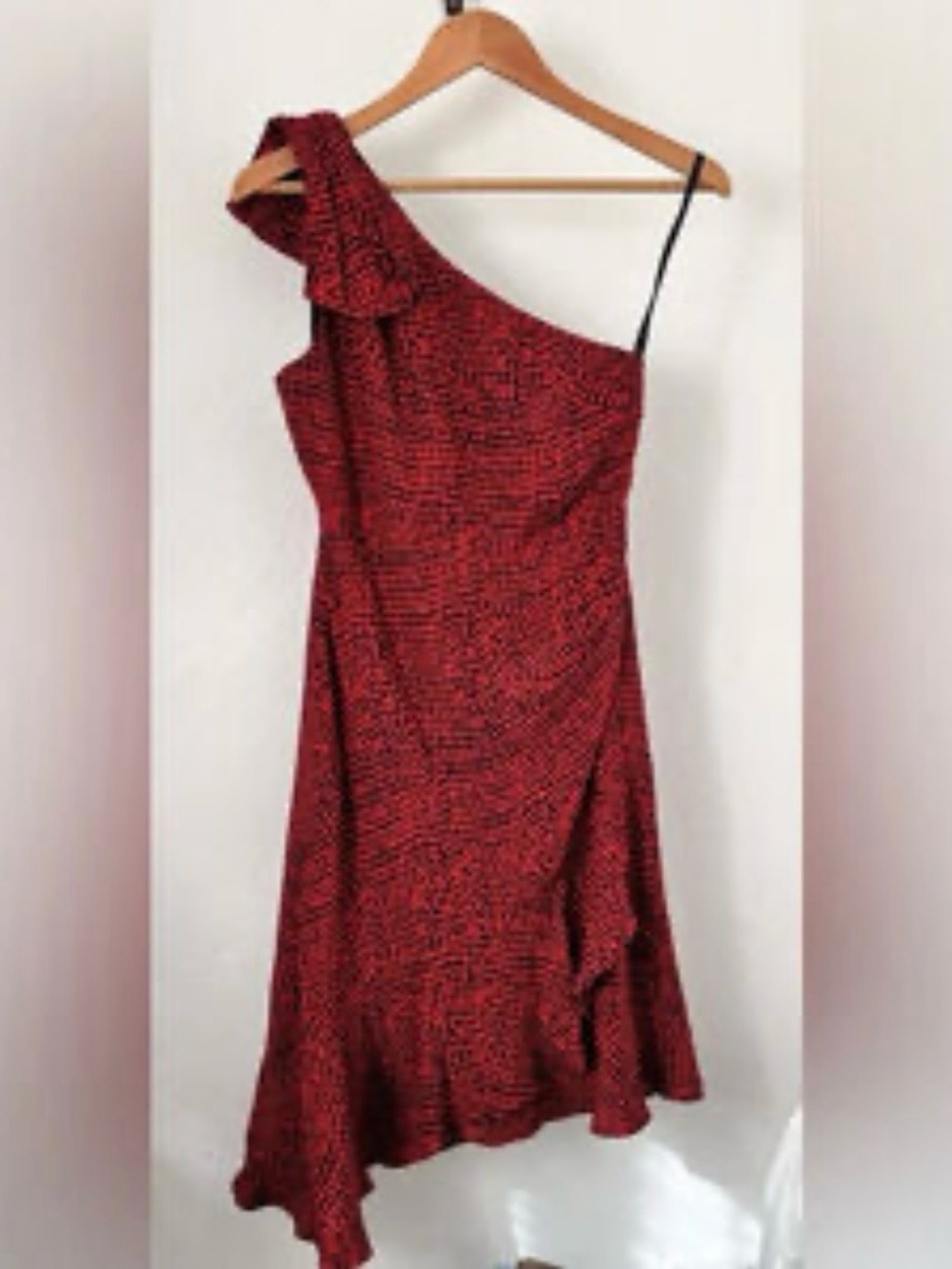 Club Monaco One-Shoulder Red and Black Dot Print Dress